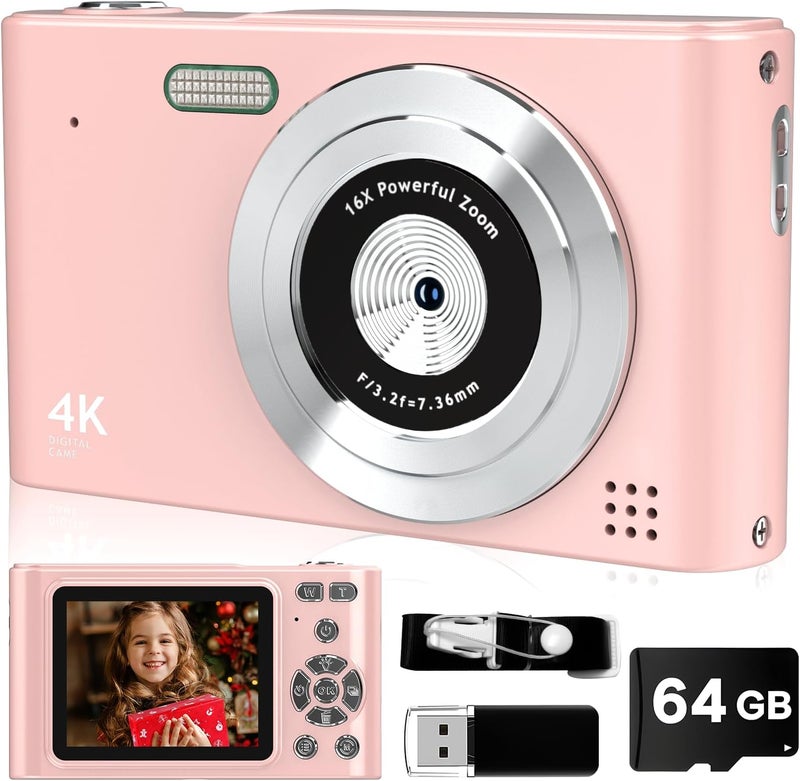 BEARBISU Digital Camera, 44MP Full HD 1080P Point and Shoot Camera with 64GB Card, Anti Shake 16X Zoom Compact Volg Cameras, Portable Small Digicam Gift for Kids, Ages Teen Girl Boy - Pink - Image 1